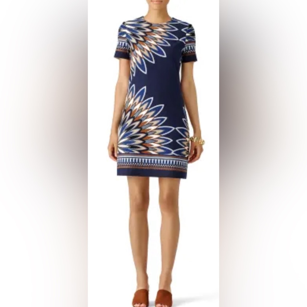 Tory Burch EUC Mariana Deco Fan Print Shift Dress Navy Cream Medium